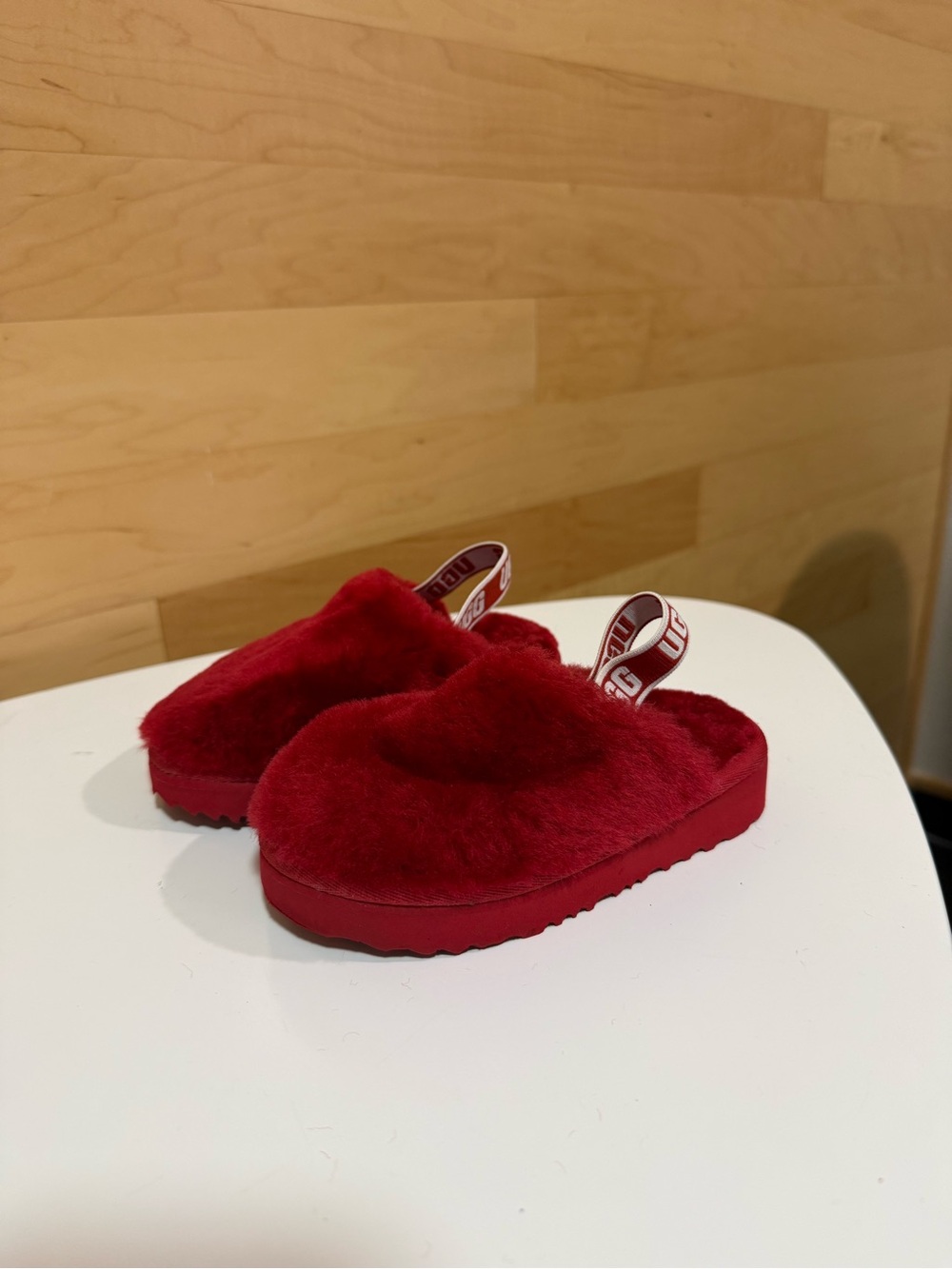 UGG Kids Red Fuzzy Slide Slippers